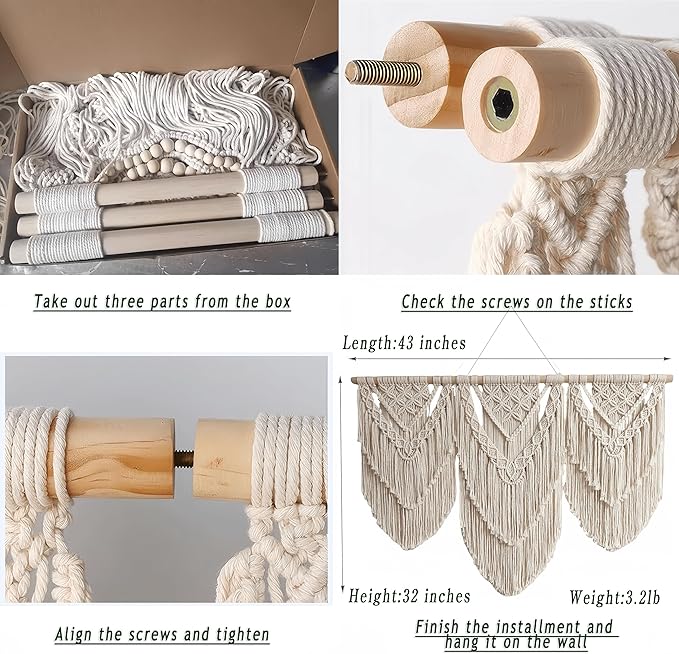 oiikain Large Handmade Boho Macrame Wall Hanging Tapestry - Chic Bohemian Woven Home Decor art for Living Room, Bedroom, and Wedding Parties(Double Layer,43''*32'')