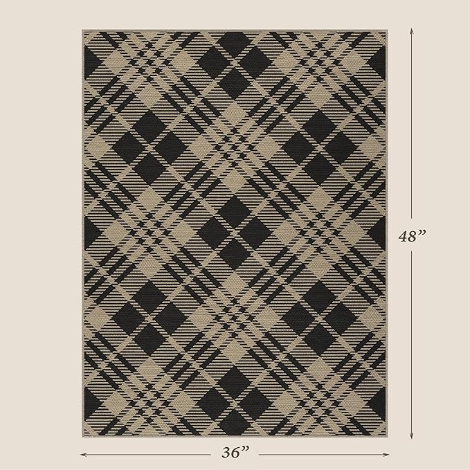 JTJ Vintage Indoor Entrance 4x3 Rug - Easy Jute Woven Throw Rug for Indoor Area, Kitchen, Bedroom, Washable Low Pile Black and White Classic Decor