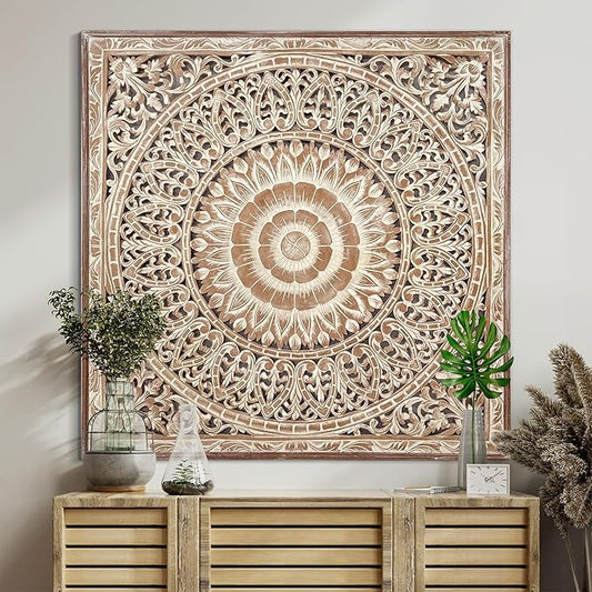 KultureDeco Large Spiritual Mandala Décor Wood Wall Hanging Decor | Above Bed Wall Decor | Living Room & Bedroom Décor Asethetic | Zen Farmhouse Wall Art (Cendana (Antic-Wash))
