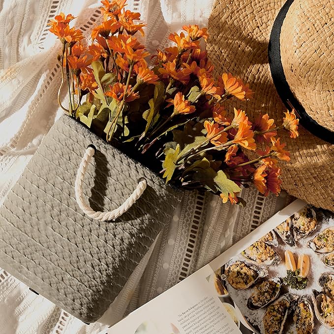 Vaseking Elegant Petite Vase, 6.6 inch Ceramic Modern Minimalism Basket Vase with Hanging Rope, Creative Tote Bag Vases for Home Decor, Living Room, Wedding, Bookshelf Decor, Gray