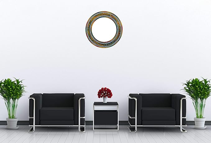 Wall Art Décor – Handcrafted Decorative Wall Mirror, Autumn Green, Deep Blue, and Brown Round Mosaic, 24” Round Mirror for Hallway, Bedroom, Bathroom, Living Room