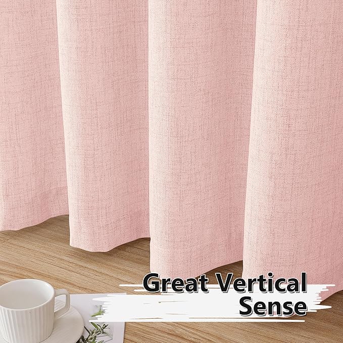 Tollpiz Short Linen Curtain Bedroom Rod Pocket Semi Sheer Curtains Burlap Light Filtering Thick Linen Drape for Living Room, 38 x 54 inches Long, Pink, Set of 2 Panels
