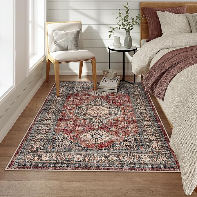 Lahome Oriental Washable Rugs for Bedroom, 4X6 Soft Living Room Rug Ultra-Thin Non-Slip Stain Resistant Vintage Low-Pile Throw Carpet for ‎Office Entryway, Brick Red