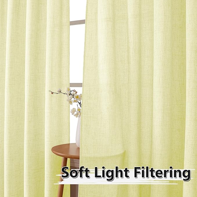 Tollpiz Linen Curtains Bedroom Rod Pocket Semi Sheer Curtain Burlap Light Filtering Thick Linen Drapes for Living Room, 54 x 84 inches Long, Cream Yellow, Set of 2 Panels