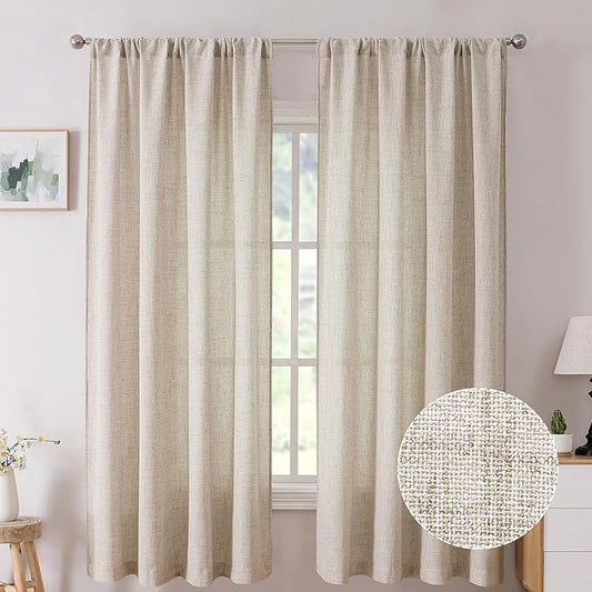 Tollpiz Short Linen Curtains Living Room Rod Pocket Semi Sheer Curtain Burlap Light Filtering Thick Linen Drapes for Bedroom, 54 x 54 inches Long, Natural, Set of 2 Panels