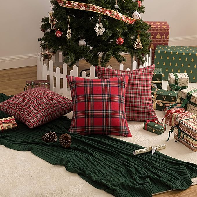 AQOTHES Pack of 2 Christmas Plaid Decorative Throw Pillow Covers Scottish Tartan Cushion Case for Farmhouse Home Holiday Decor Red and Green, 24 x 24 Inches