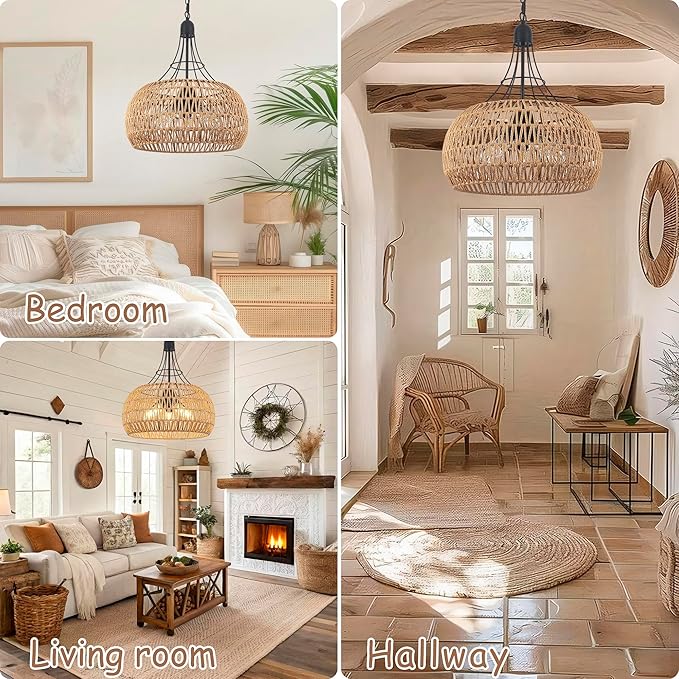 20" Rattan Farmhouse Chandeliers for Dining Room, 5-Light Boho Rattan Chandelier Light Fixtures with Woven Wicker Lampshade, Rustic Pendant Lighting for Kitchen Island, Living Room