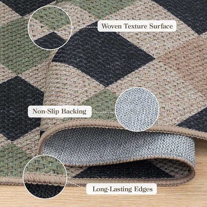 Collive Checkered Easy Jute Indoor Outdoor Rugs, 5X7 Washable Patio Rug Modern Geometric Living Room Carpet, Non Slip Black and Green Farmhouse Dining Room Carpets for Outside Backyard Office Foyer