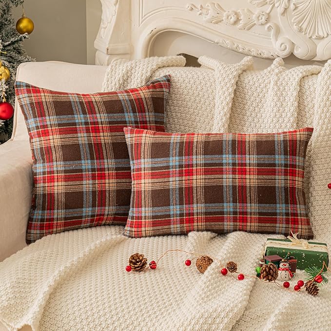 AQOTHES Pack of 2 Christmas Plaid Decorative Throw Pillow Covers Scottish Tartan Cushion Case for Farmhouse Home Holiday Decor Red and Brown, 20 x 20 Inches