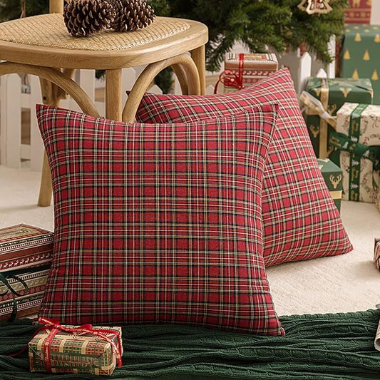 AQOTHES Pack of 2 Christmas Plaid Decorative Throw Pillow Covers Scottish Tartan Cushion Case for Farmhouse Home Holiday Decor Red and Green, 22 x 22 Inches