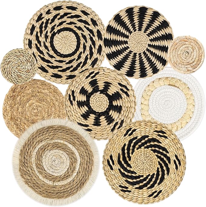 MJOGGOTT 9 Pcs Boho Wall Basket Decor Hanging Woven Wall Basket Art Decor Rattan Wicker Seagrass Home Round Tassels White Macrame Tapestry Baskets Decoration for Kitchen Home Farmhouse Decoration