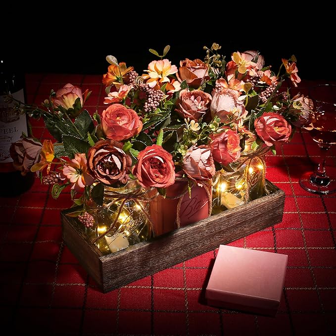 DUOER 3 Pcs Mason Jar Centerpiece Table Decorations for Dining Table Decor Farmhouse Coffee Table Decor with Wood Tray and Led Light Table Centerpieces for Dining room Kitchen Living Bathroom,Orange