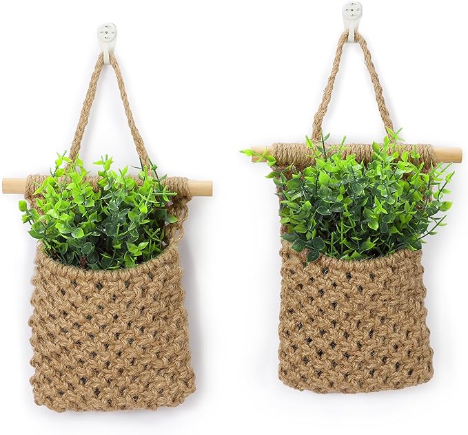 2 Packs Macrame Wall Planters with Artificial Eucalyptus | Macrame Plant Hanger, Wall Plant Holders for Boho, Bathroom, Bedroom & Wall Hanging Decor (2 Packs, Brown)