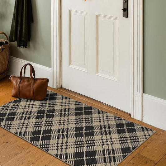 JTJ Vintage Indoor Entrance 2x4 Runner Rug - Easy Jute Woven Throw Rug for Indoor Area, Kitchen, Bedroom, Washable Low Pile Black and White Classic Decor