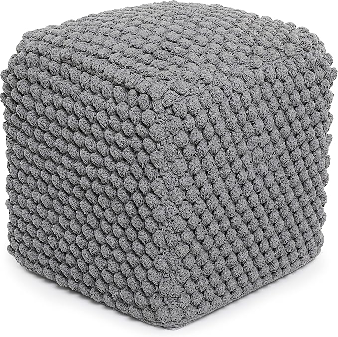 BIRDROCK HOME Buds Pouf Foot Stool Ottoman - Knit Bean Bag Floor Chair - Cotton Braided Cord - Great for The Living Room, Bedroom and Kids Room - Small Furniture (Grey - Buds)