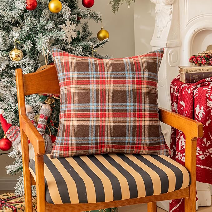 AQOTHES Pack of 2 Christmas Plaid Decorative Throw Pillow Covers Scottish Tartan Cushion Case for Farmhouse Home Holiday Decor Red and Brown, 20 x 20 Inches