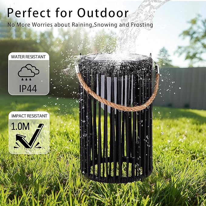 TRIROCKS Set of 2 Solar Lantern Outdoor Table Lamp Outside Hanging Solar Lights with Olifen Rope Waterproof Rattan Outside Deck Light for Patio Garden Lawn Yard (Black)