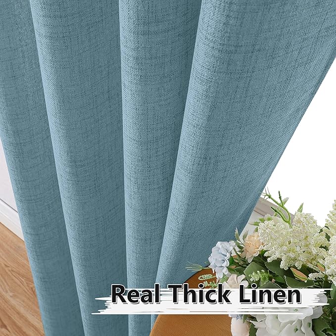 Tollpiz Short Linen Curtain Living Room Rod Pocket Semi Sheer Curtains Burlap Light Filtering Thick Linen Drape for Bedroom, 54 x 45 inches Long, Dusty Blue, Set of 2 Panels
