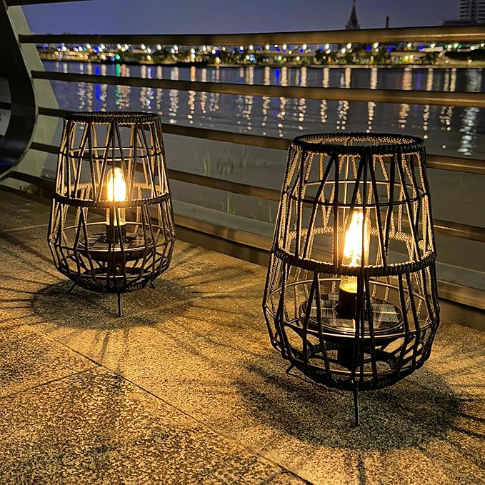 TRIROCKS Set of 2 Solar Lantern Outdoor Table Lamp Outside Hanging Solar Lights with Olifen Rope Waterproof Rattan Outside Deck Light for Patio Garden Lawn Yard (Black)