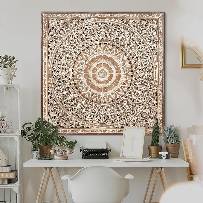 KultureDeco Large Spiritual Mandala Décor Wood Wall Hanging Decor | Above Bed Wall Decor | Living Room & Bedroom Décor Asethetic | Zen Farmhouse Wall Art (Cendana (Antic-Wash))