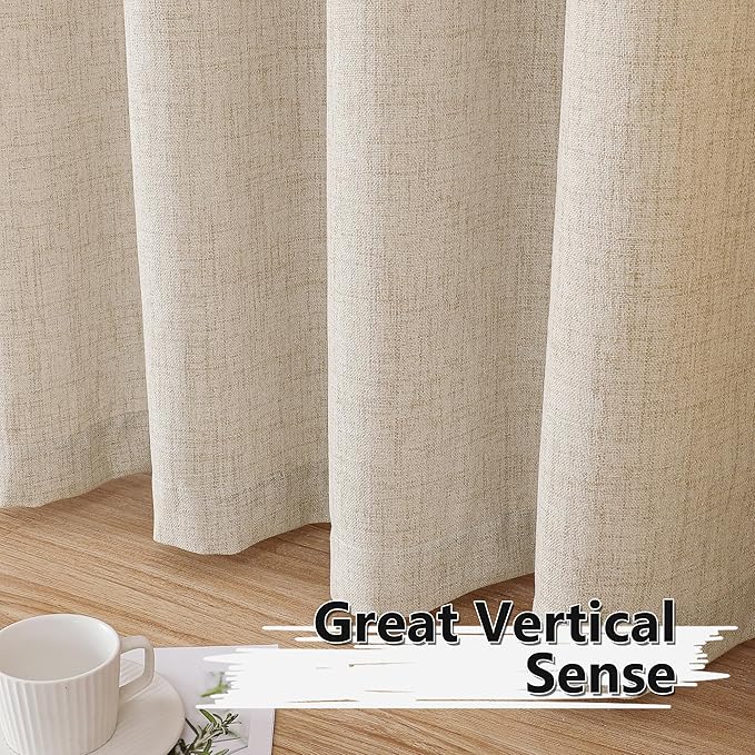 Tollpiz Linen Curtain Bedroom Rod Pocket Semi Sheer Curtains Burlap Light Filtering Thick Linen Drape for Living Room, 54 x 63 inches Long, Natural, Set of 2 Panels