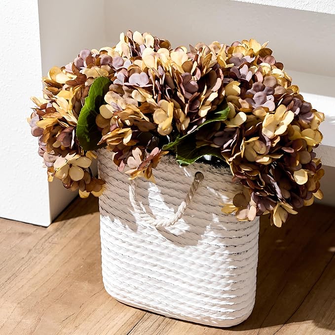 Vaseking Elegant White Petite Vase, 8 inch Ceramic Modern Minimalism Basket Vase with Hanging Rope, Creative Tote Bag Vases for Home Decor, Living Room, Wedding, Bookshelf Decor