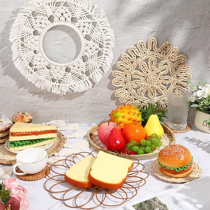 Marsui Set of 8 Boho Wall Hanging Set - Woven Rattan, Bamboo Baskets with Macrame Tassels & Tapestry for Bedroom, Living Room, Nursery Decor