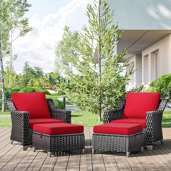 4 Pieces Wicker Patio Furniture, Luxury Outdoor Furniture with 2 Pieces Patio Rattan Chair, 2 Patio Ottoman, Wide Armrest, Thickened Cushions, Ideal for Deck, Porch Use