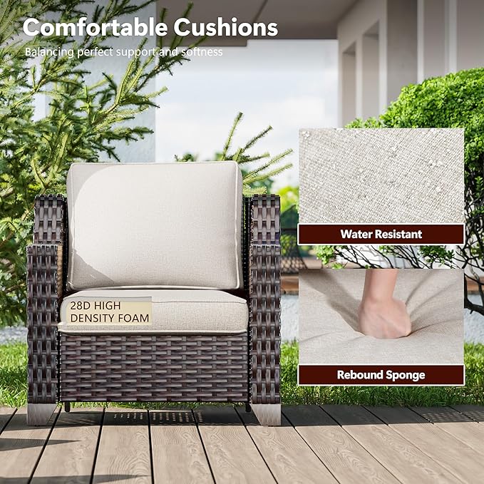 4 Pieces Wicker Patio Furniture, Luxury Outdoor Furniture with 2 Pieces Patio Rattan Chair, 2 Patio Ottoman, Wide Armrest, Thickened Cushions, Ideal for Deck, Porch Use