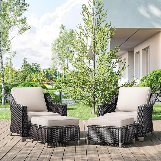 4 Pieces Wicker Patio Furniture, Luxury Outdoor Furniture with 2 Pieces Patio Rattan Chair, 2 Patio Ottoman, Wide Armrest, Thickened Cushions, Ideal for Deck, Porch Use