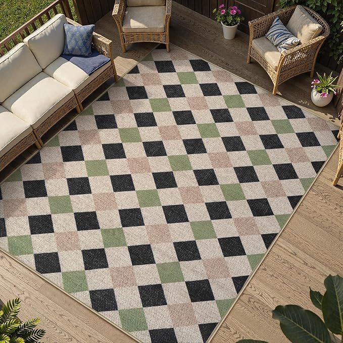 Collive Checkered Easy Jute Indoor Outdoor Rugs, 5X7 Washable Patio Rug Modern Geometric Living Room Carpet, Non Slip Black and Green Farmhouse Dining Room Carpets for Outside Backyard Office Foyer