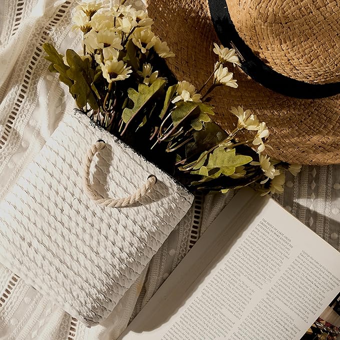 Vaseking Elegant White Petite Vase, 6.6 inch Ceramic Modern Minimalism Basket Vase with Hanging Rope, Creative Tote Bag Vases for Home Decor, Living Room, Wedding, Bookshelf Decor