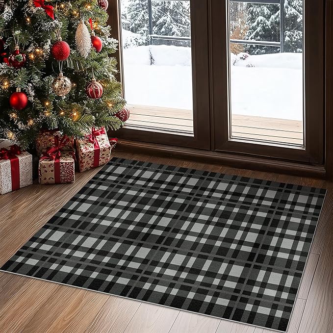 GENIMO Checkered Rug 4x6 Ft Black and White Fine Plaid Outdoor Rug Buffalo Plaid Rugs Mat Fall Doormats Washable Rug for Front Porch Decor Indoor Entrance Patio Balcony Entryway