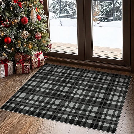 GENIMO Checkered Rug 4x6 Ft Black and White Fine Plaid Outdoor Rug Buffalo Plaid Rugs Mat Fall Doormats Washable Rug for Front Porch Decor Indoor Entrance Patio Balcony Entryway