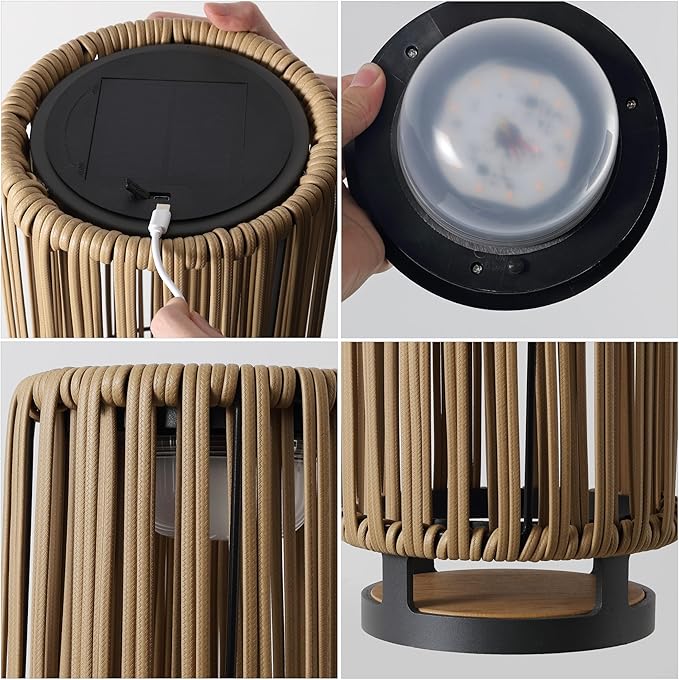 JONATHAN Y JYL2603B 26.75" Modern Solar Outdoor Lantern, Rechargeable Cordless Table Lamp with USB-C Charging, Woven Faux Rattan Dusk to Dawn Accent Light for Patio, Deck, Garden, Porch, Natural