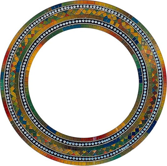 Wall Art Décor – Handcrafted Decorative Wall Mirror, Autumn Green, Deep Blue, and Brown Round Mosaic, 24” Round Mirror for Hallway, Bedroom, Bathroom, Living Room
