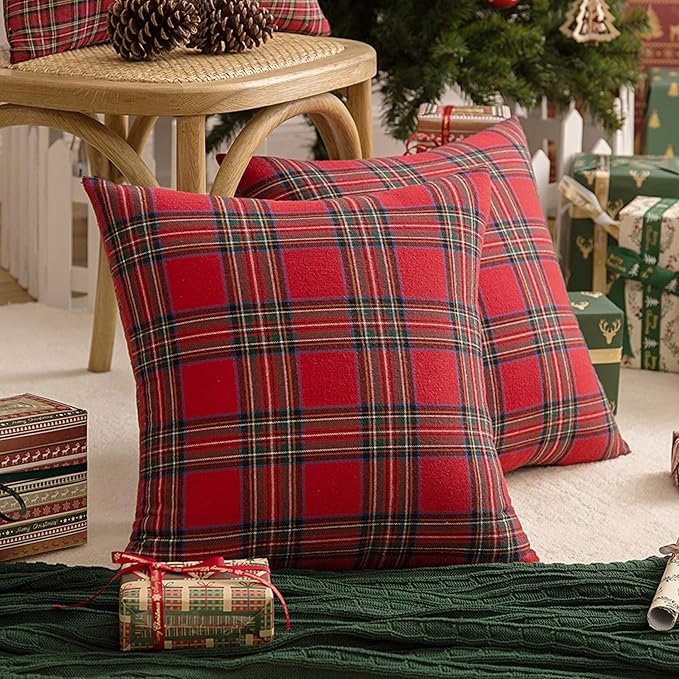 AQOTHES Pack of 2 Christmas Plaid Decorative Throw Pillow Covers Scottish Tartan Cushion Case for Farmhouse Home Holiday Decor Red and Green, 24 x 24 Inches