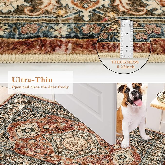 Lahome Oriental Area Rug, 3x5 Washable Rugs for Living Room Non Slip Entry Mat, Vintage Soft Pet Friendly Throw Carpet for Entryway Bedroom Dinning Room, Brick Red
