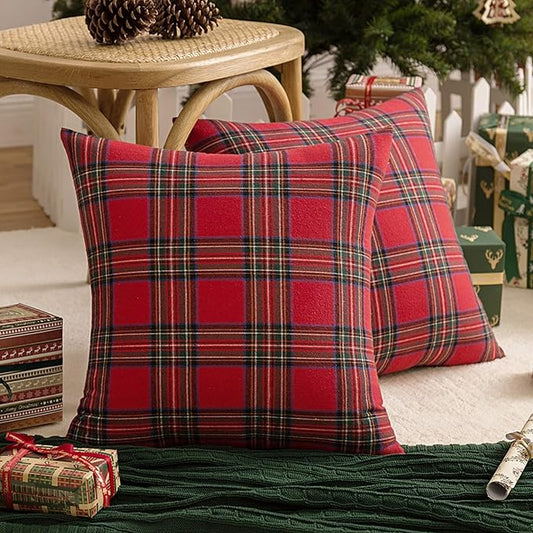 AQOTHES Pack of 2 Christmas Plaid Decorative Throw Pillow Covers Scottish Tartan Cushion Case for Farmhouse Home Holiday Decor Red and Green, 16 x 16 Inches