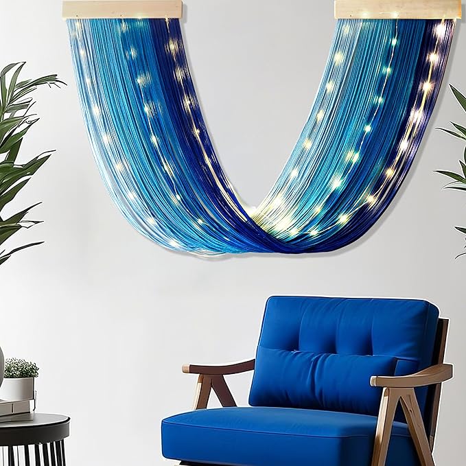 OakHaomie Macrame Fairy Lights Battery Operated with Remote,Large Macrame Wall Hanging with 20ft 100 LED String Lights, Blue Gradient Warm White Light for Living Room,Bedroom,Christmas,Holiday Deco