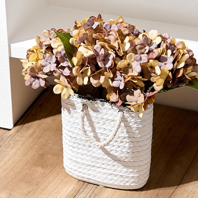 Vaseking Elegant White Petite Vase, 6.6 inch Ceramic Modern Minimalism Basket Vase with Hanging Rope, Creative Tote Bag Vases for Home Decor, Living Room, Wedding, Bookshelf Decor