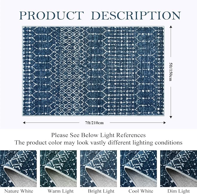 Lahome Moroccan Blue Area Rug 5x7 Machine Washable Non-Slip Throw Living Room Rugs Ultra-Thin Stain Resistant Soft Rug for Bedroom, Geometric Print Modren Carpet Rug for Dining Room Office Entryway