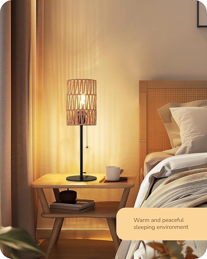 EDISHINE 19.1" Rattan Table Lamp, Tall Bedside Lamp with W-Knit Lampshade, Pull-Chain Switch & E26 Socket, Metal Base Boho Nightstand Lamp for Bedroom, Living Room, Office