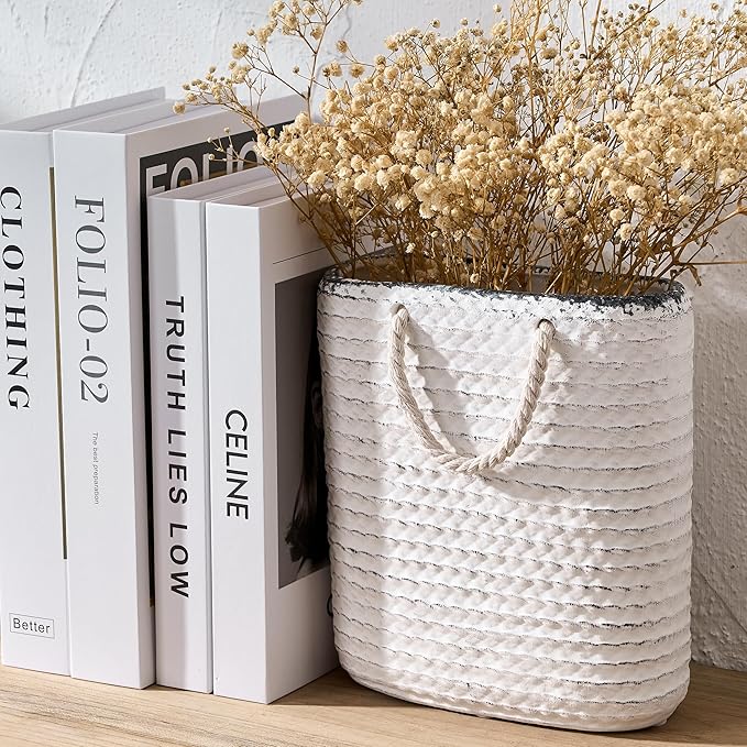 Vaseking Elegant White Petite Vase, 8 inch Ceramic Modern Minimalism Basket Vase with Hanging Rope, Creative Tote Bag Vases for Home Decor, Living Room, Wedding, Bookshelf Decor