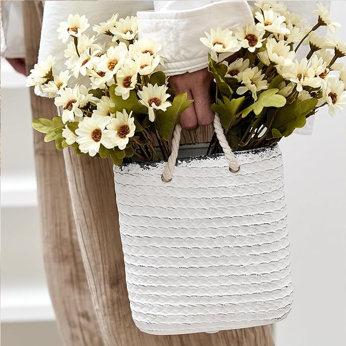 Vaseking Elegant White Petite Vase, 6.6 inch Ceramic Modern Minimalism Basket Vase with Hanging Rope, Creative Tote Bag Vases for Home Decor, Living Room, Wedding, Bookshelf Decor