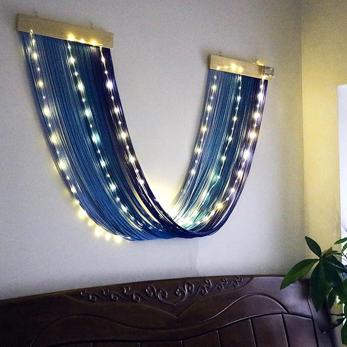 OakHaomie Macrame Fairy Lights Battery Operated with Remote,Large Macrame Wall Hanging with 20ft 100 LED String Lights, Blue Gradient Warm White Light for Living Room,Bedroom,Christmas,Holiday Deco