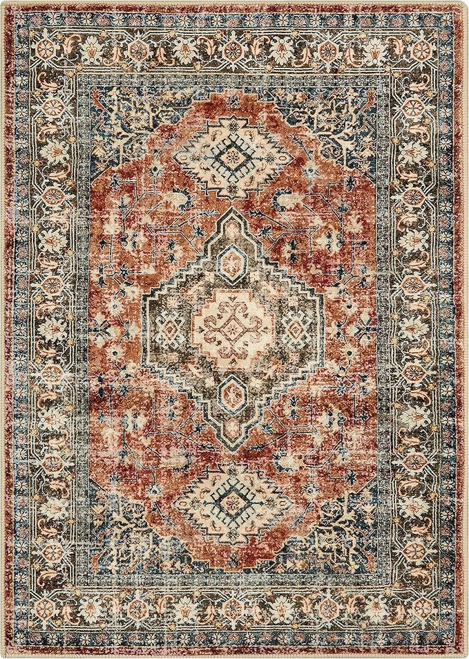Lahome Oriental Area Rug, 3x5 Washable Rugs for Living Room Non Slip Entry Mat, Vintage Soft Pet Friendly Throw Carpet for Entryway Bedroom Dinning Room, Brick Red