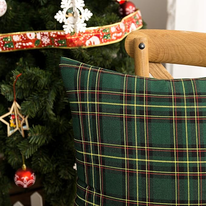 AQOTHES Pack of 2 Christmas Plaid Decorative Throw Pillow Covers Scottish Tartan Cushion Case for Farmhouse Home Holiday Decor Green, 24 x 24 Inches